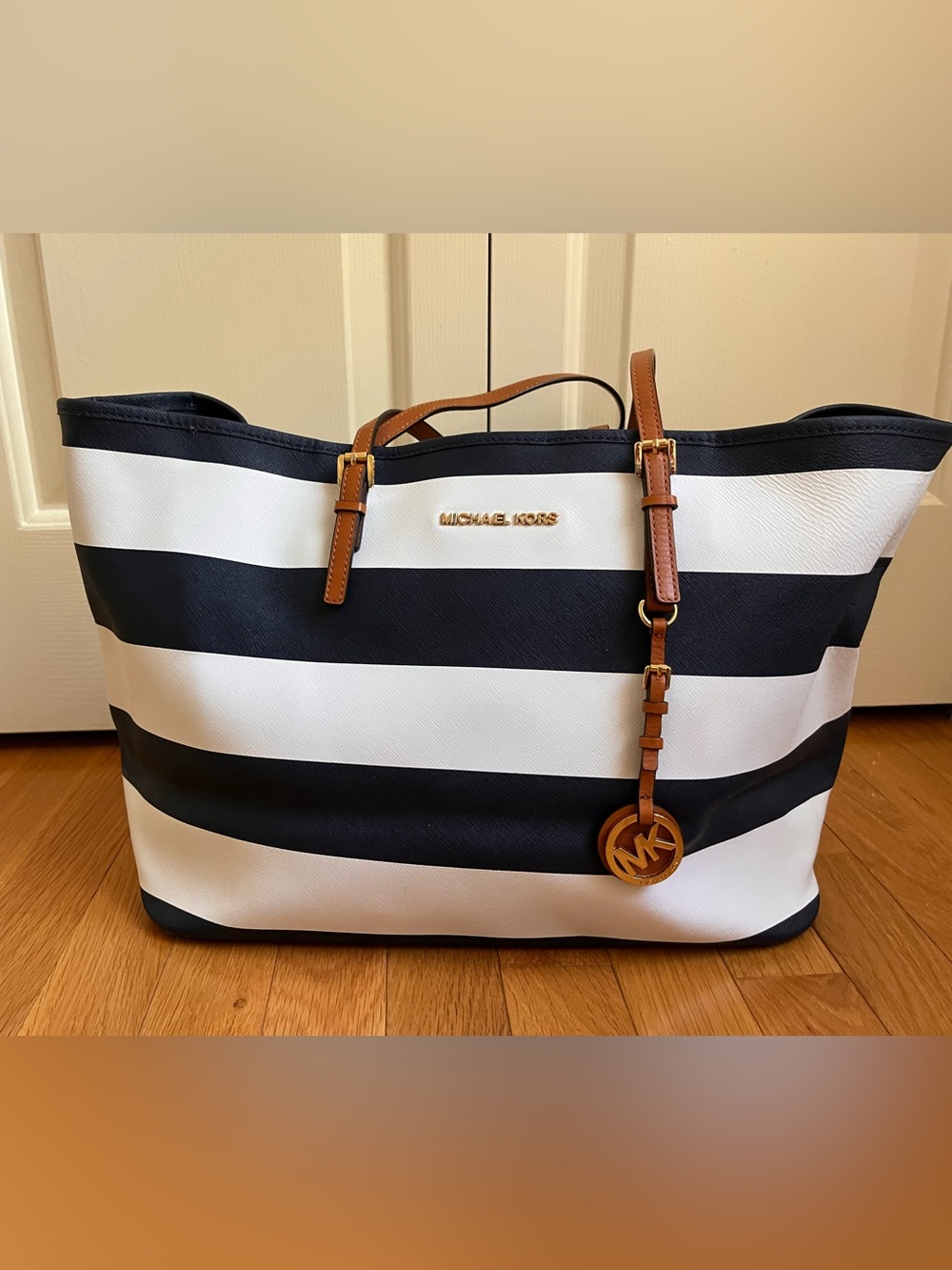 Michael Kors Black & White Striped Tote with Brown Leather Accents